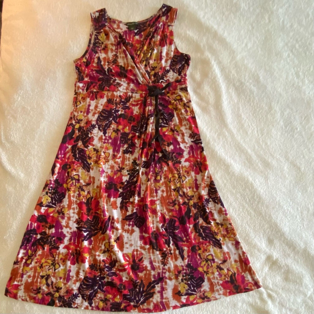 Eddie Bauer Floral V Neck Sleeveless Faux Wrap Dress